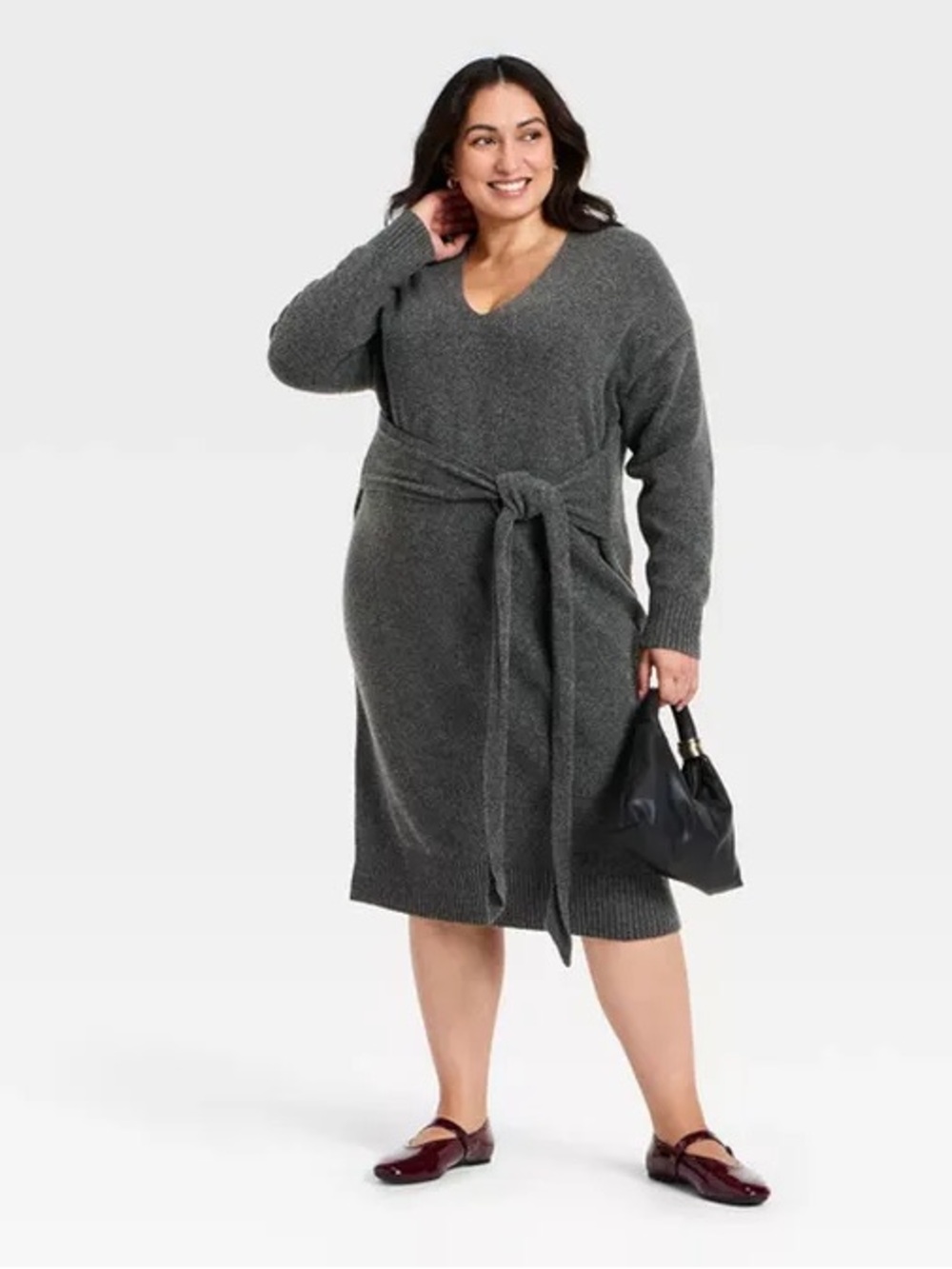 Ava & Viv Women's Long Sleeve Midi Sweater Dress, Charcoal Gray